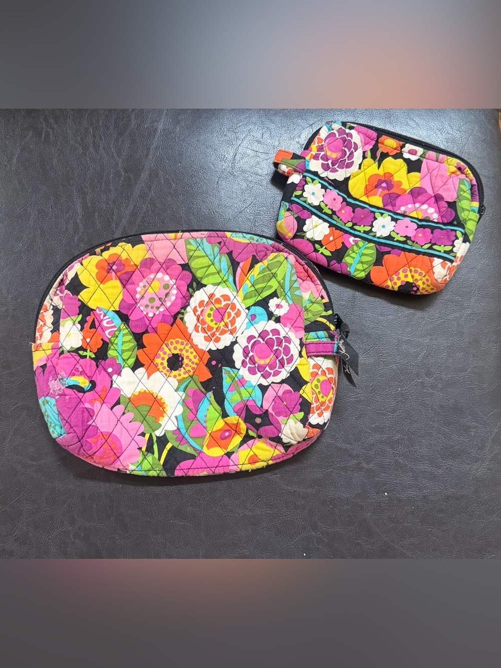 Vera Bradley quilted large and small cosmetic bags Va Va Bloom pattern.
